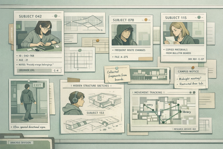 Archive board showing subject cards and system evidence