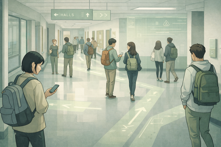 Students moving through the campus environment