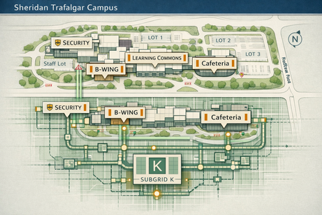 Campus map with system routes and subgrid markings