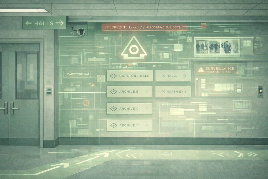 Hidden system interface projected in a campus hallway